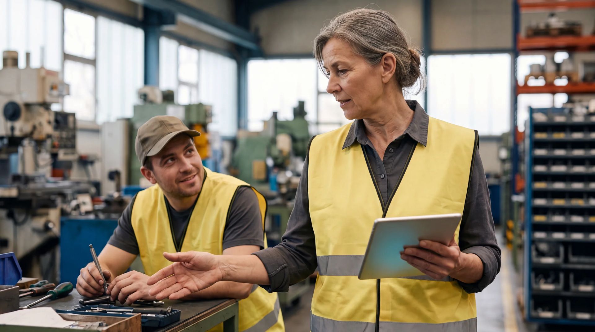 Worker in a hi-vis vest holding a tablet and talking with a colleague at a workbench