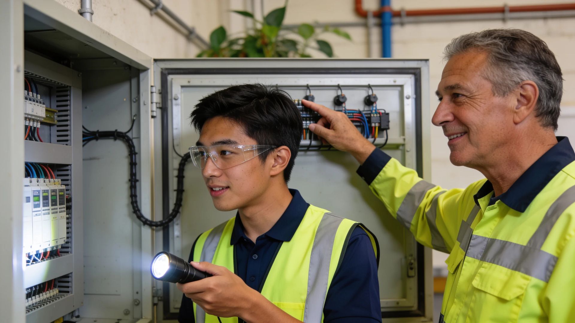 Technician guiding a younger colleague with a flashlight at an open control cabinet