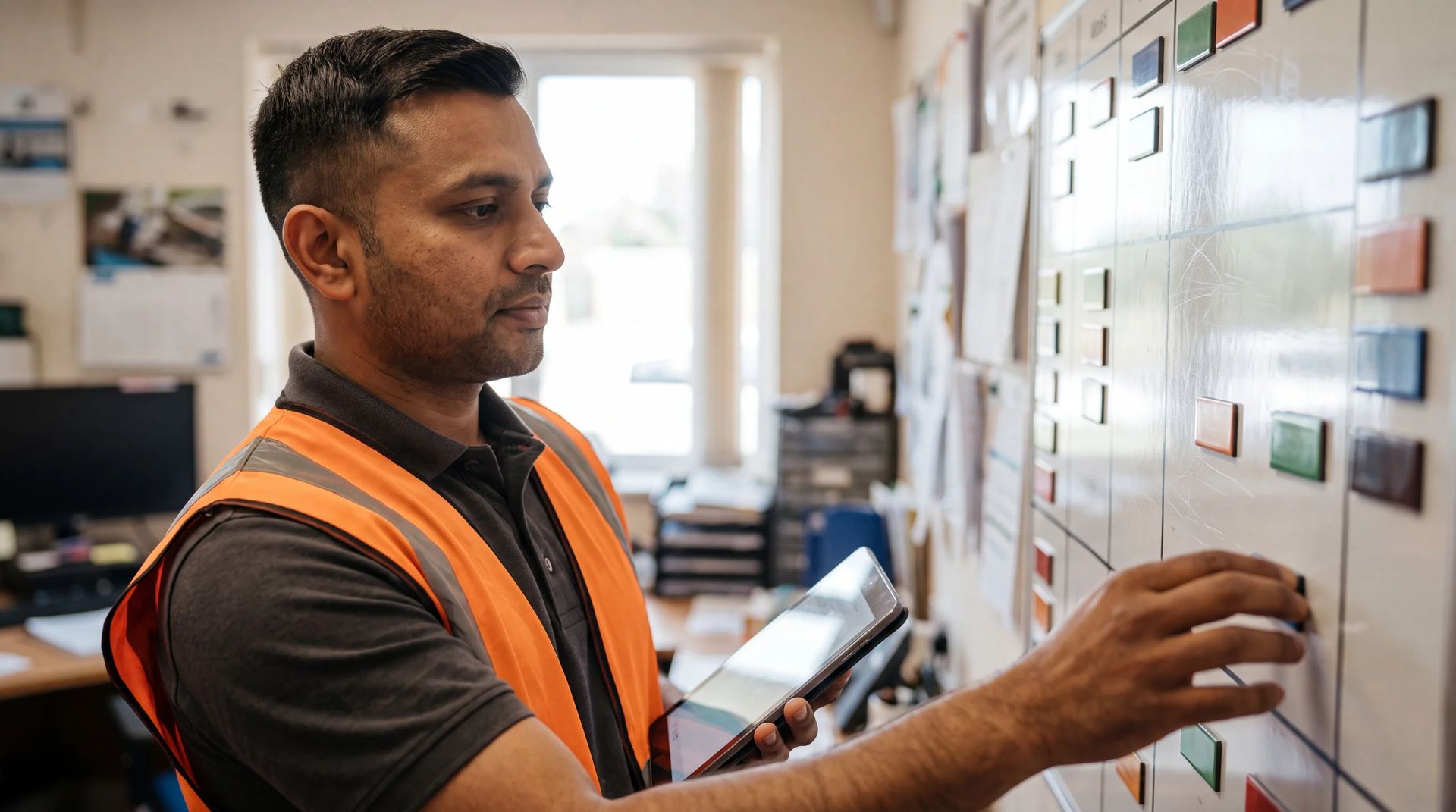 Worker in a hi-vis vest holding a tablet at a wall planning board