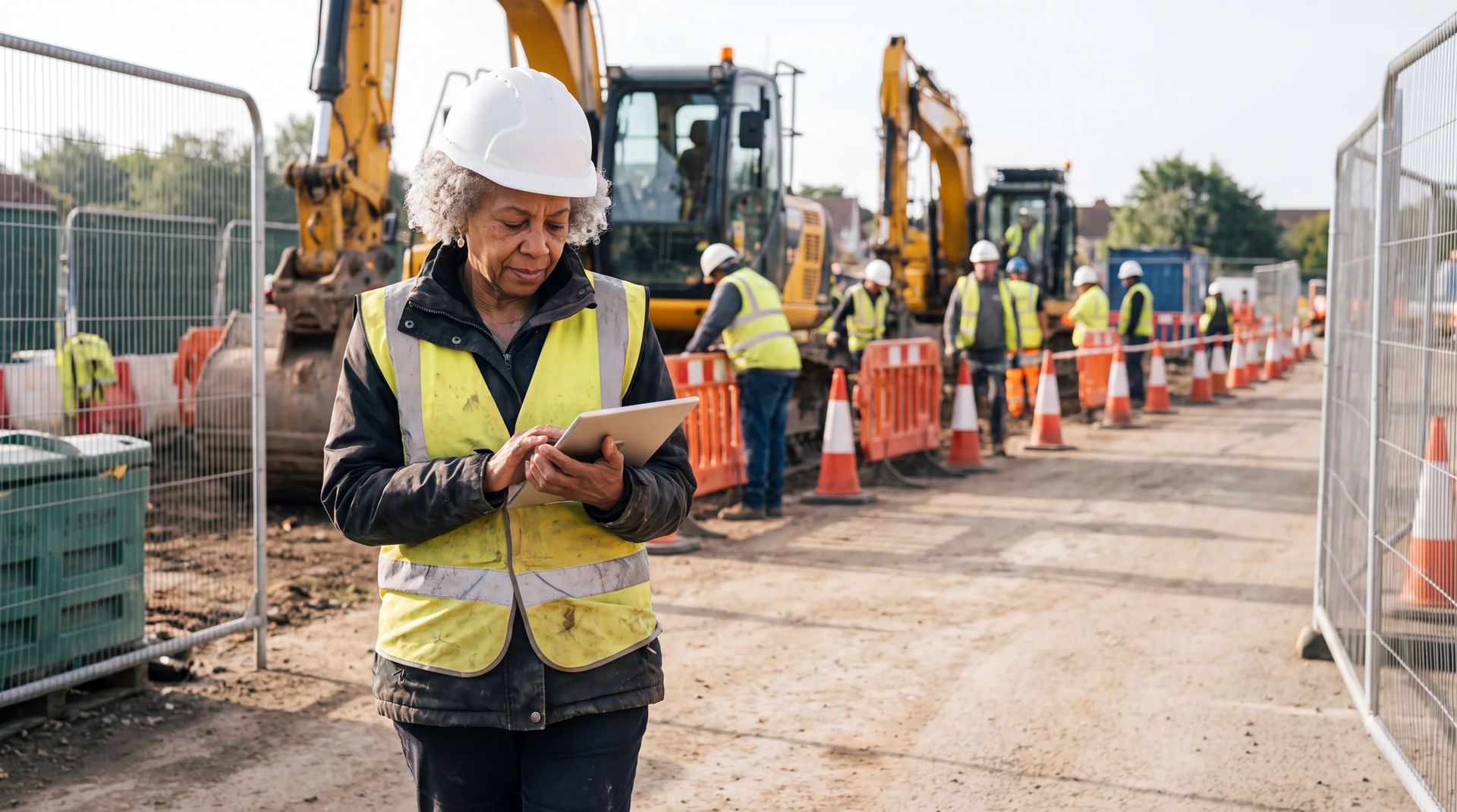 Supervisor walking works site with tablet, checking layout
