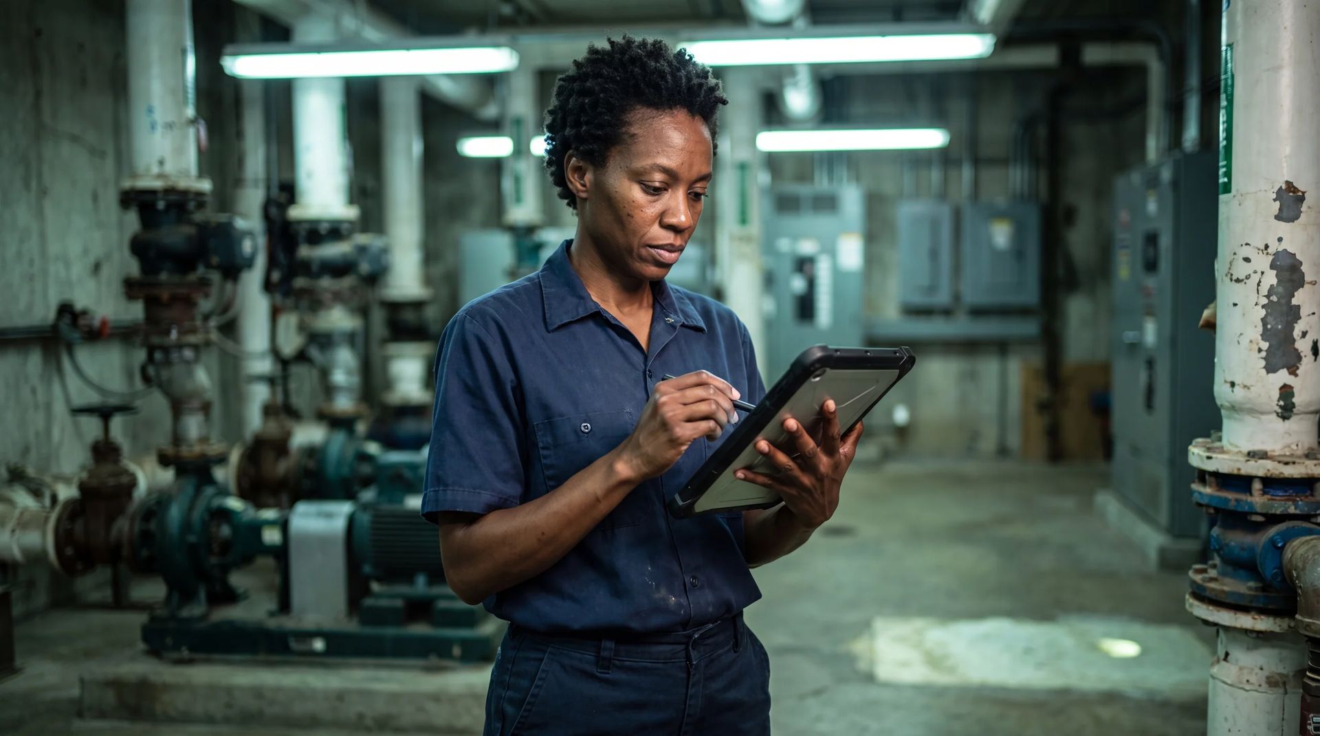 Technician writing on a tablet in a plant room