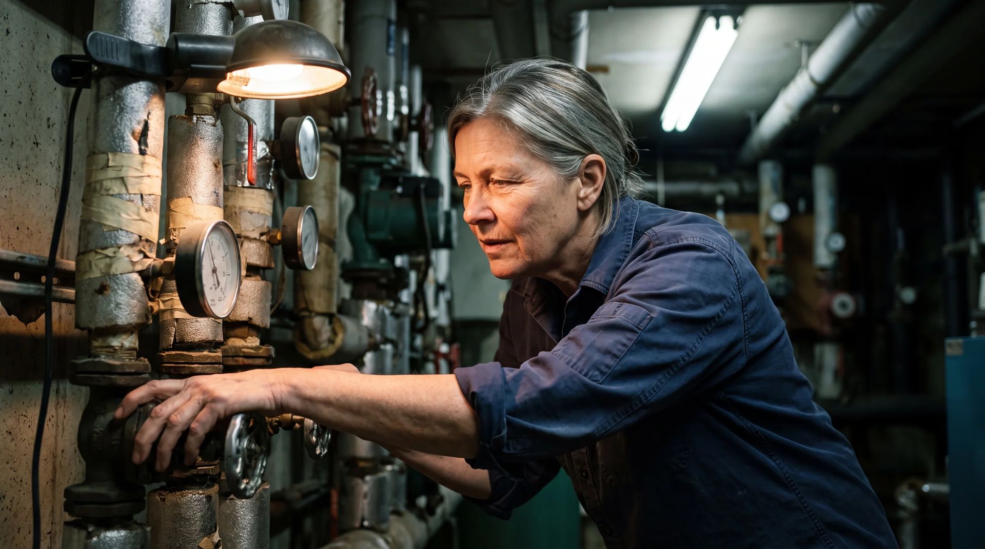 Technician checking gauge on heating manifold by clip-light