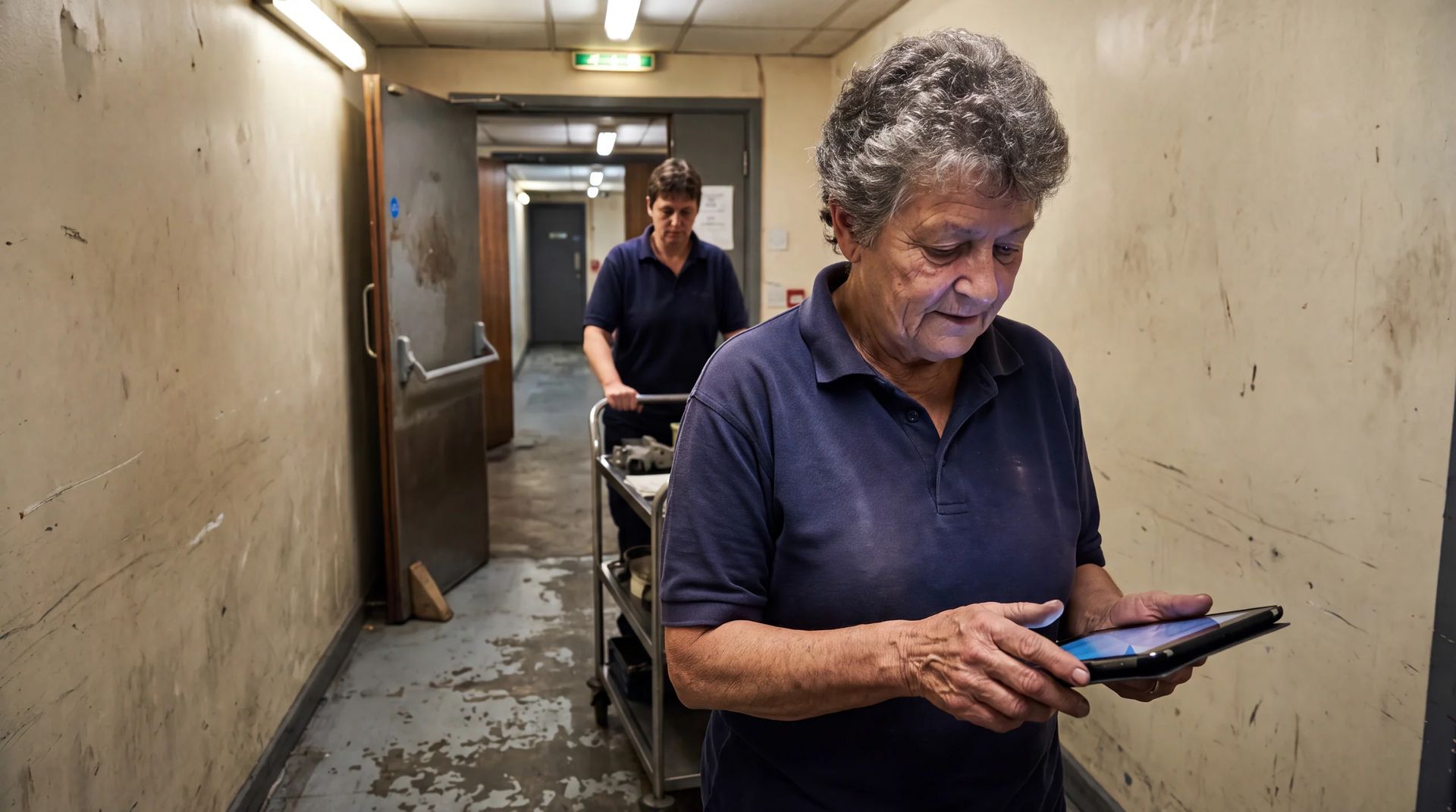 Worker using a tablet in a back-of-house corridor, a colleague pushing a cart behind