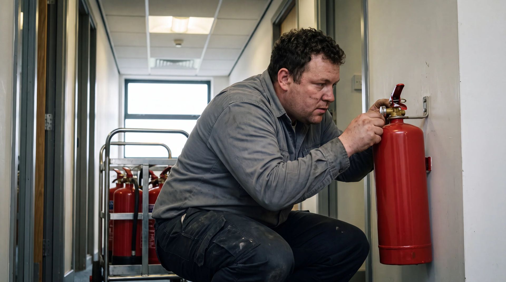 Technician checking a wall-mounted fire extinguisher, a cart of extinguishers beside