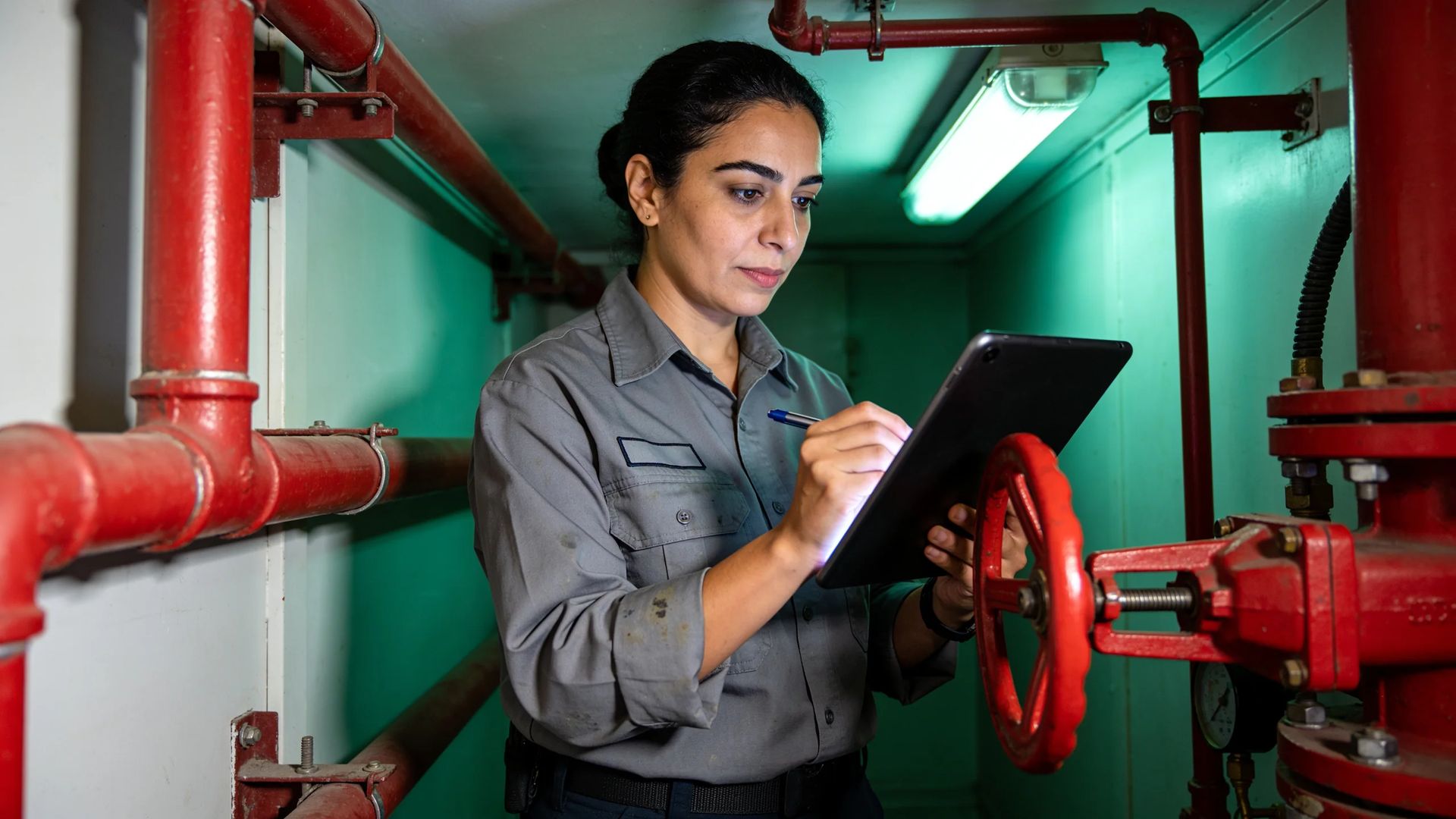 Technician writing on a tablet beside red sprinkler valves