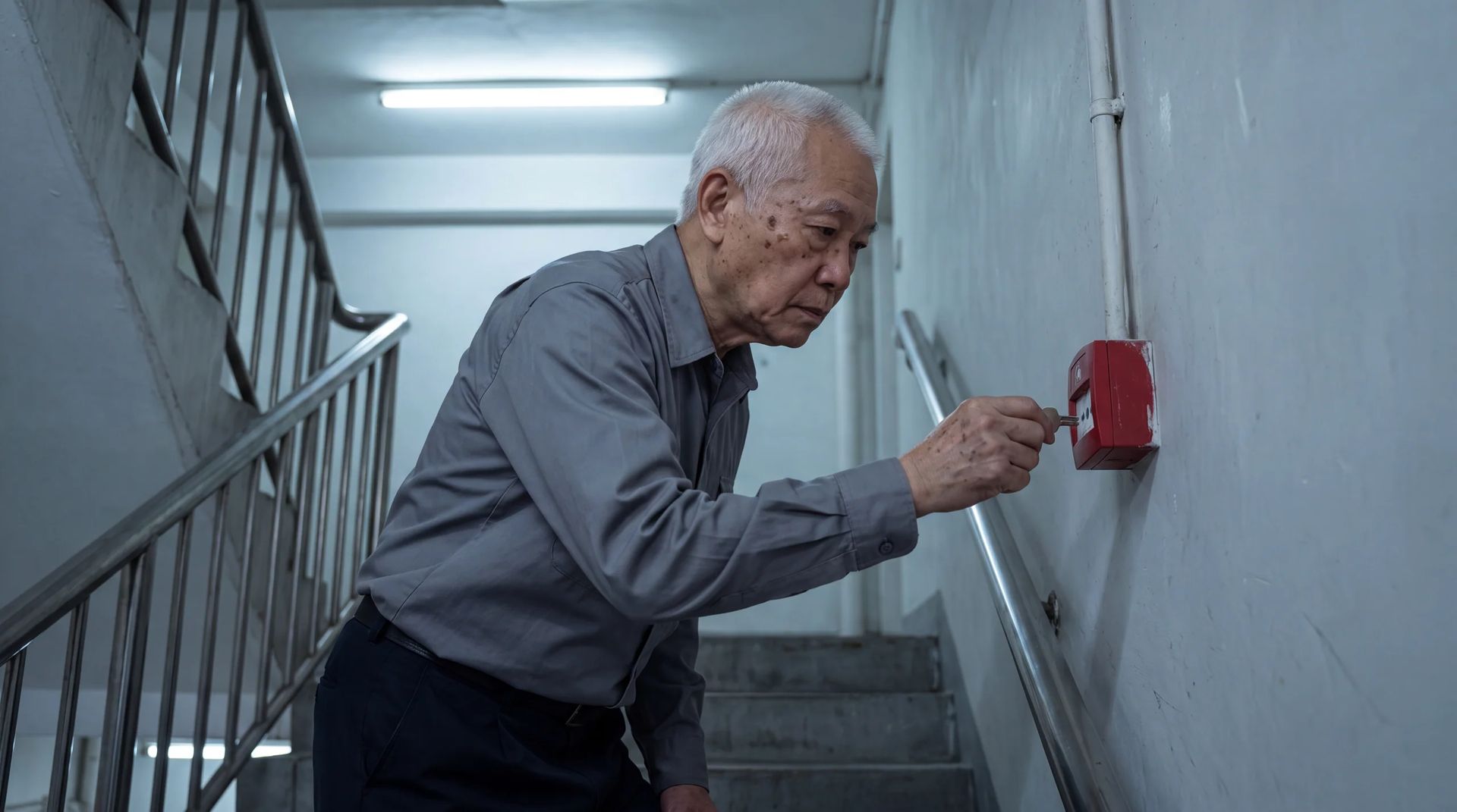 Technician testing alarm call point with test key in stairwell