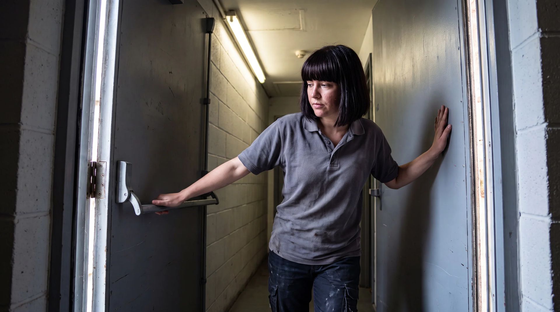 Worker checking an exit door push bar in a back-of-house corridor