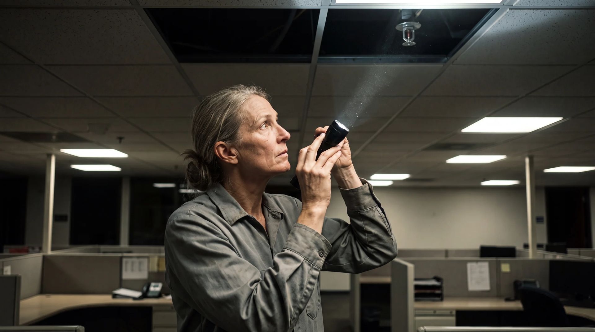 Worker shining a flashlight at a sprinkler head in an open office ceiling