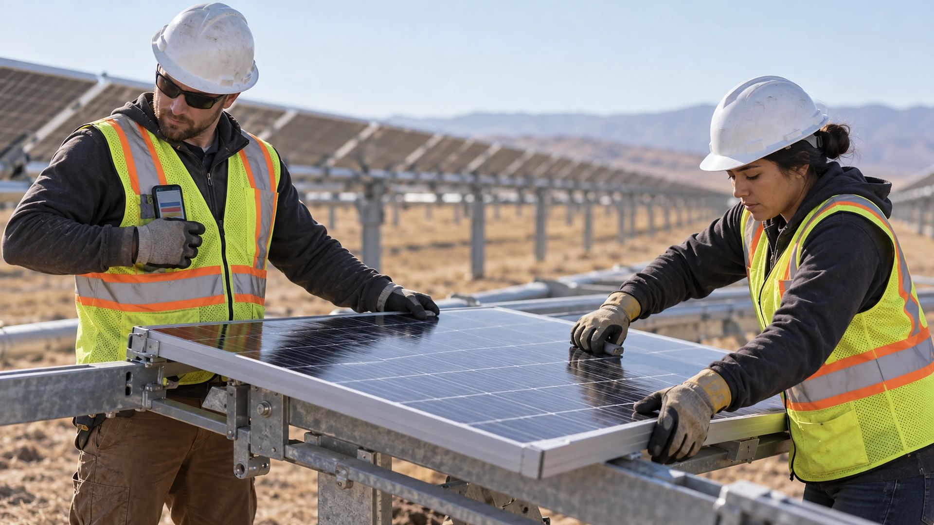 Two installers seating a solar module onto tracker racking