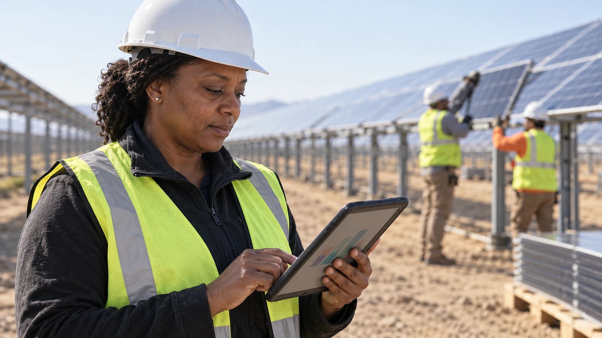 Worker in a hard hat and hi-vis vest holding a tablet beside rows of solar tracker racking