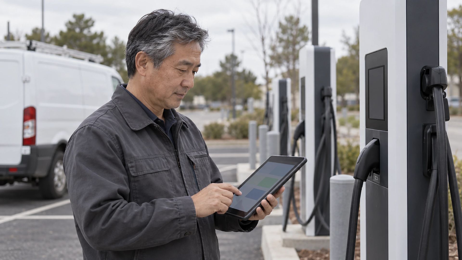 Person in a work jacket holding a tablet beside a row of EV chargers in a parking lot
