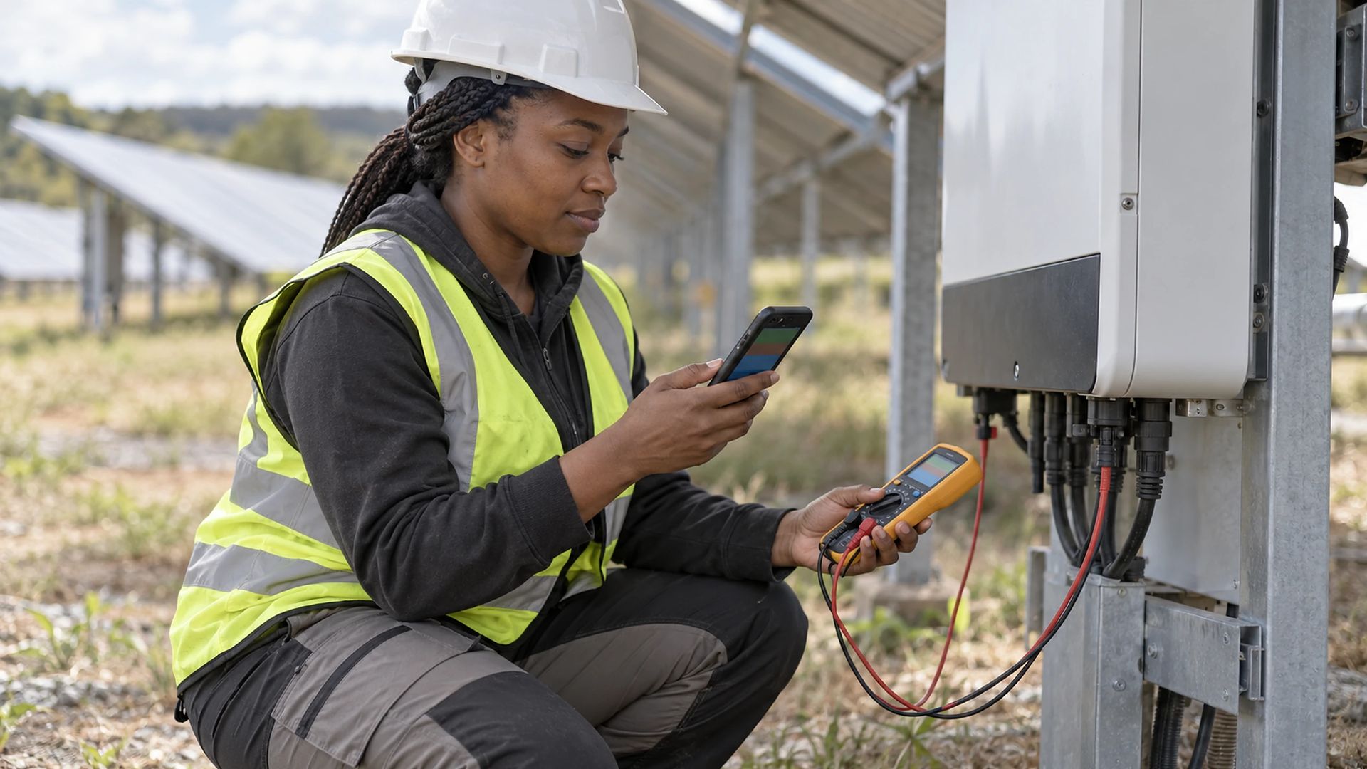 Technician kneeling at a solar inverter with a multimeter and a phone