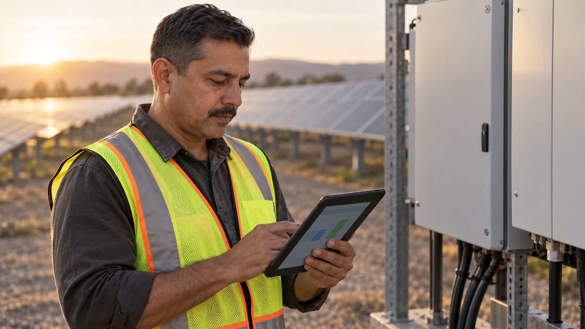 Worker in a hi-vis vest holding a tablet at the end of a ground-mounted solar array
