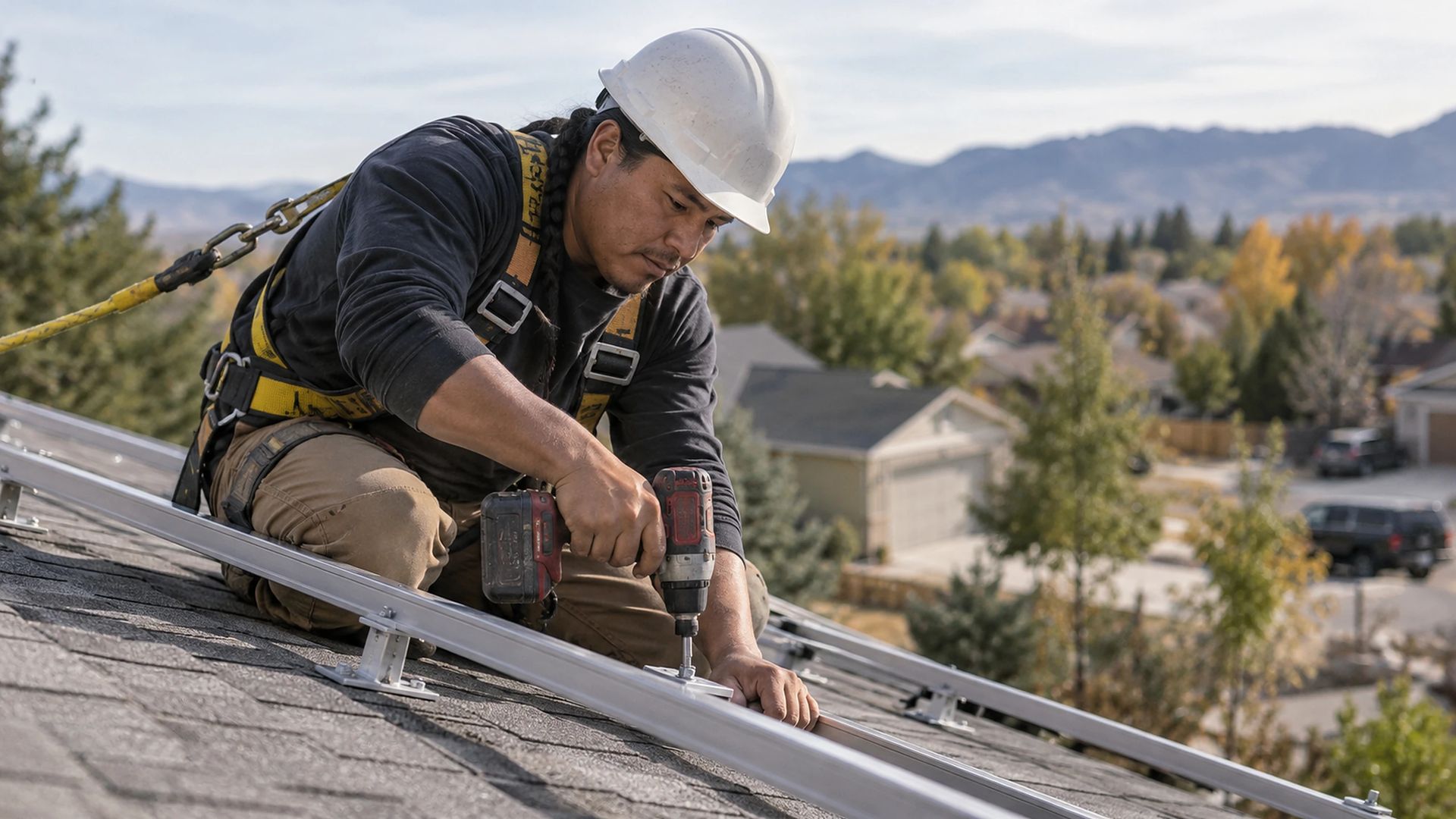 Installer in a harness fastening a mounting rail on a residential roof