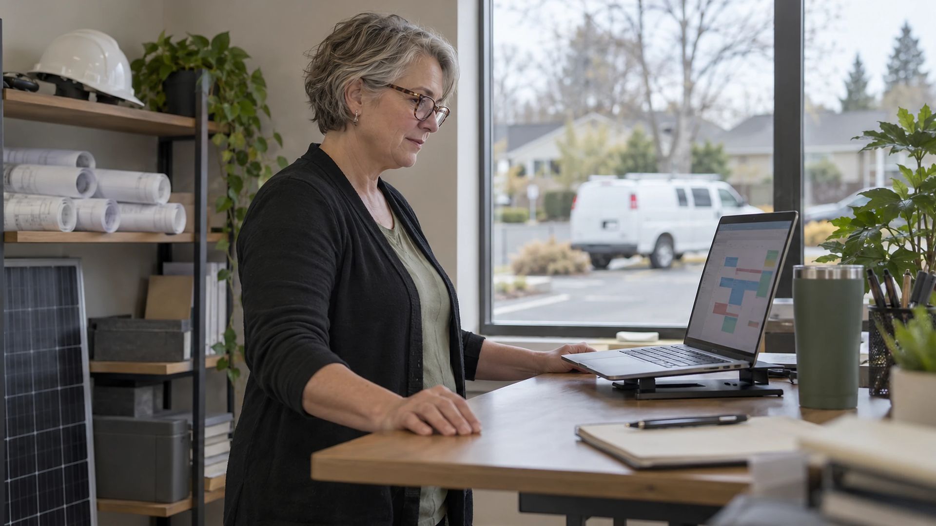 Office worker using a laptop at a desk, a hard hat on the shelf behind