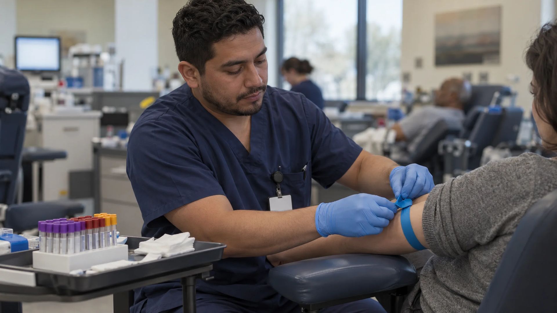 Phlebotomist in scrubs tying a tourniquet on a seated donor's arm at a collection site