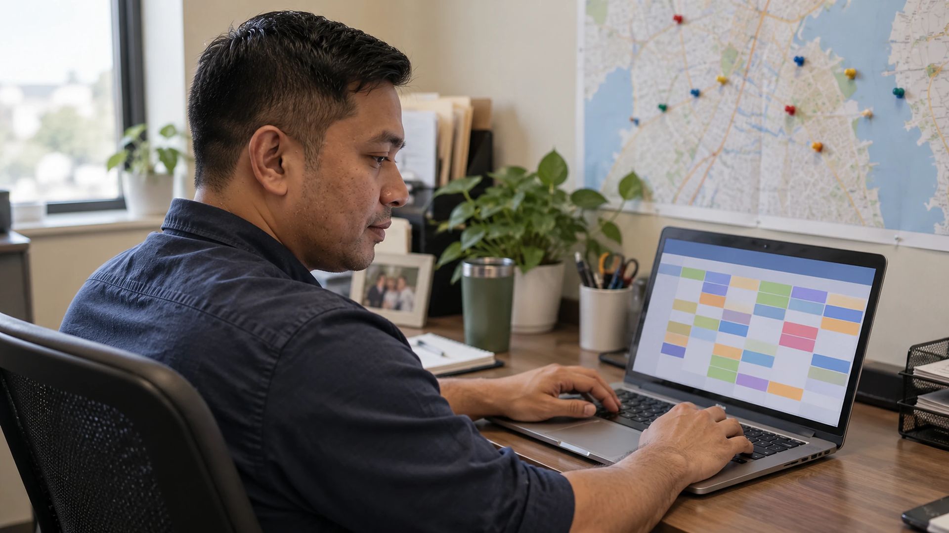 Office worker using a laptop at a desk, a pinned map on the wall behind