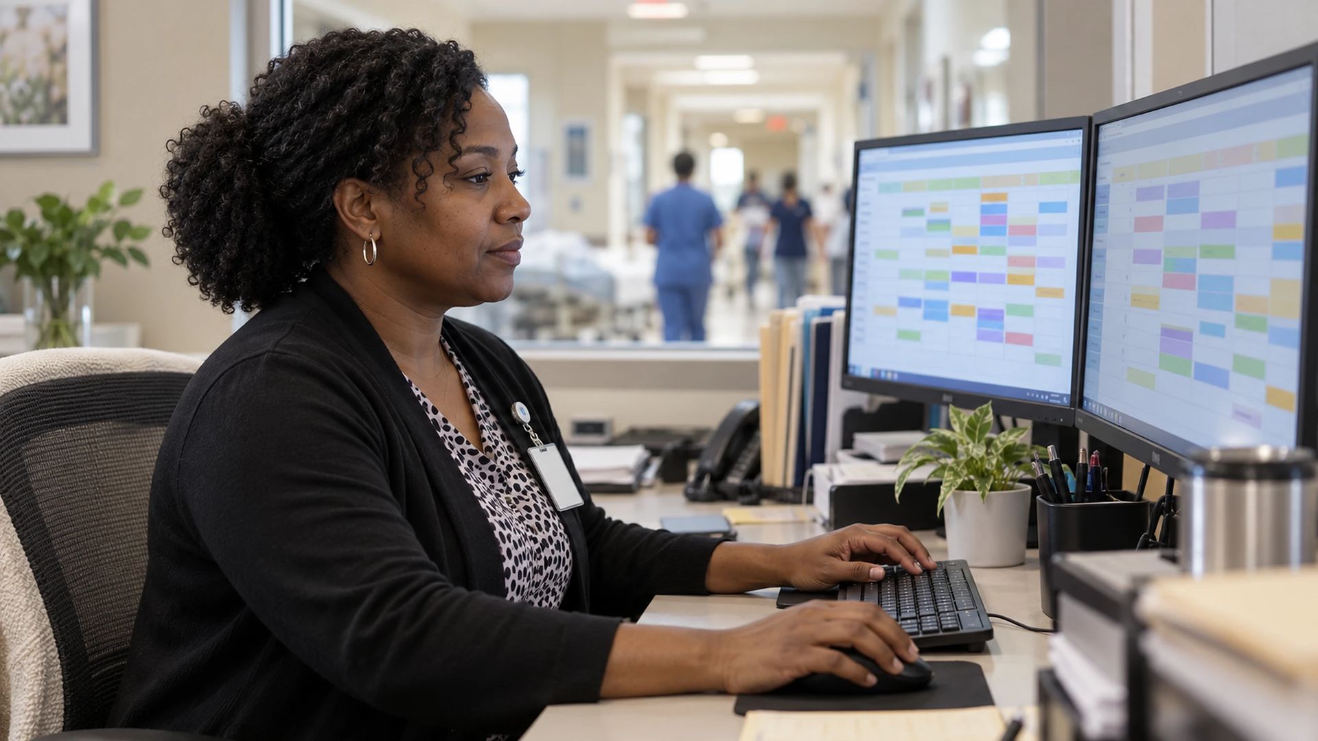 Office worker at two monitors in a hospital office