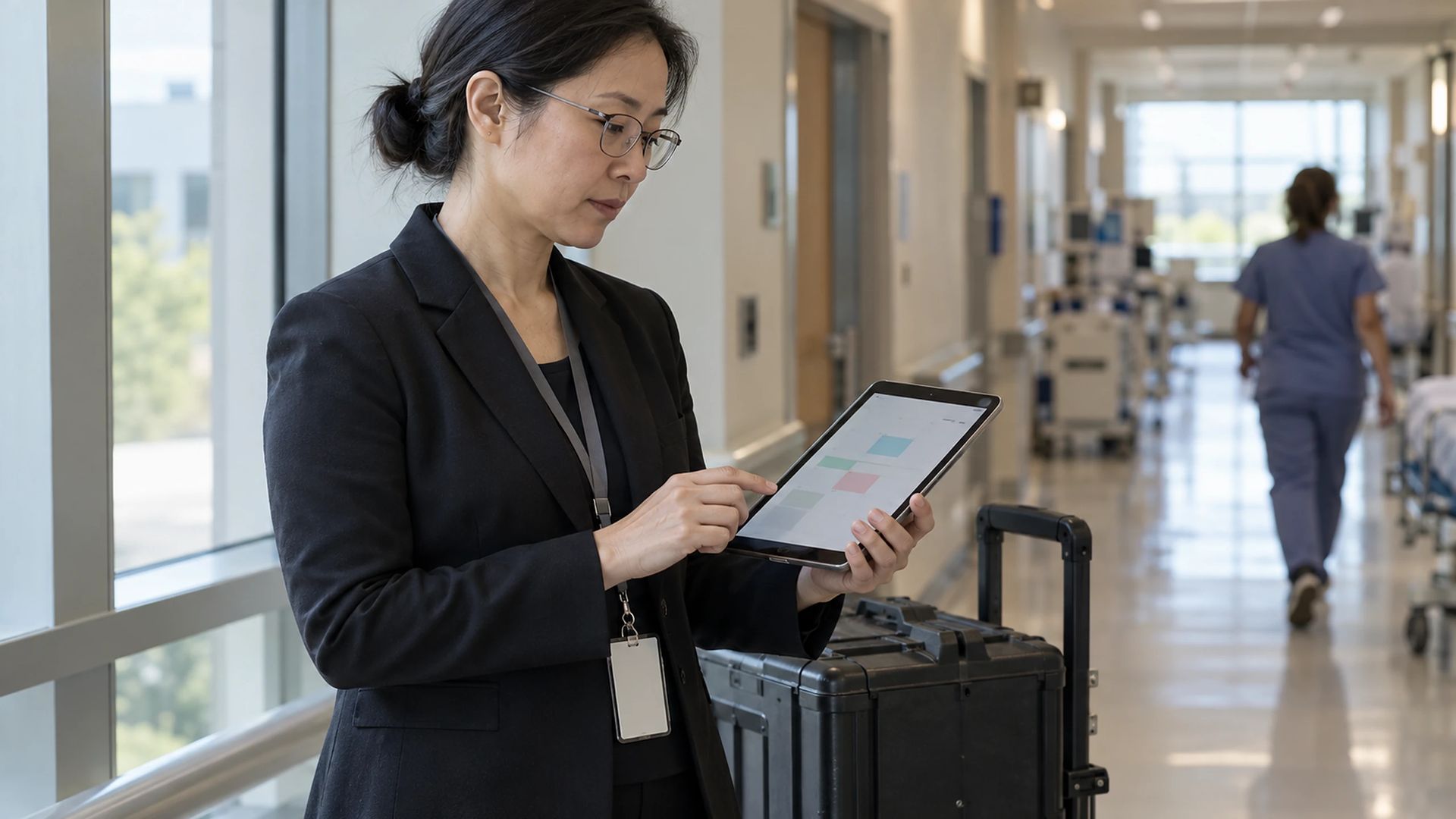 Person in a blazer reviewing a tablet beside a rolling equipment case in a hospital corridor