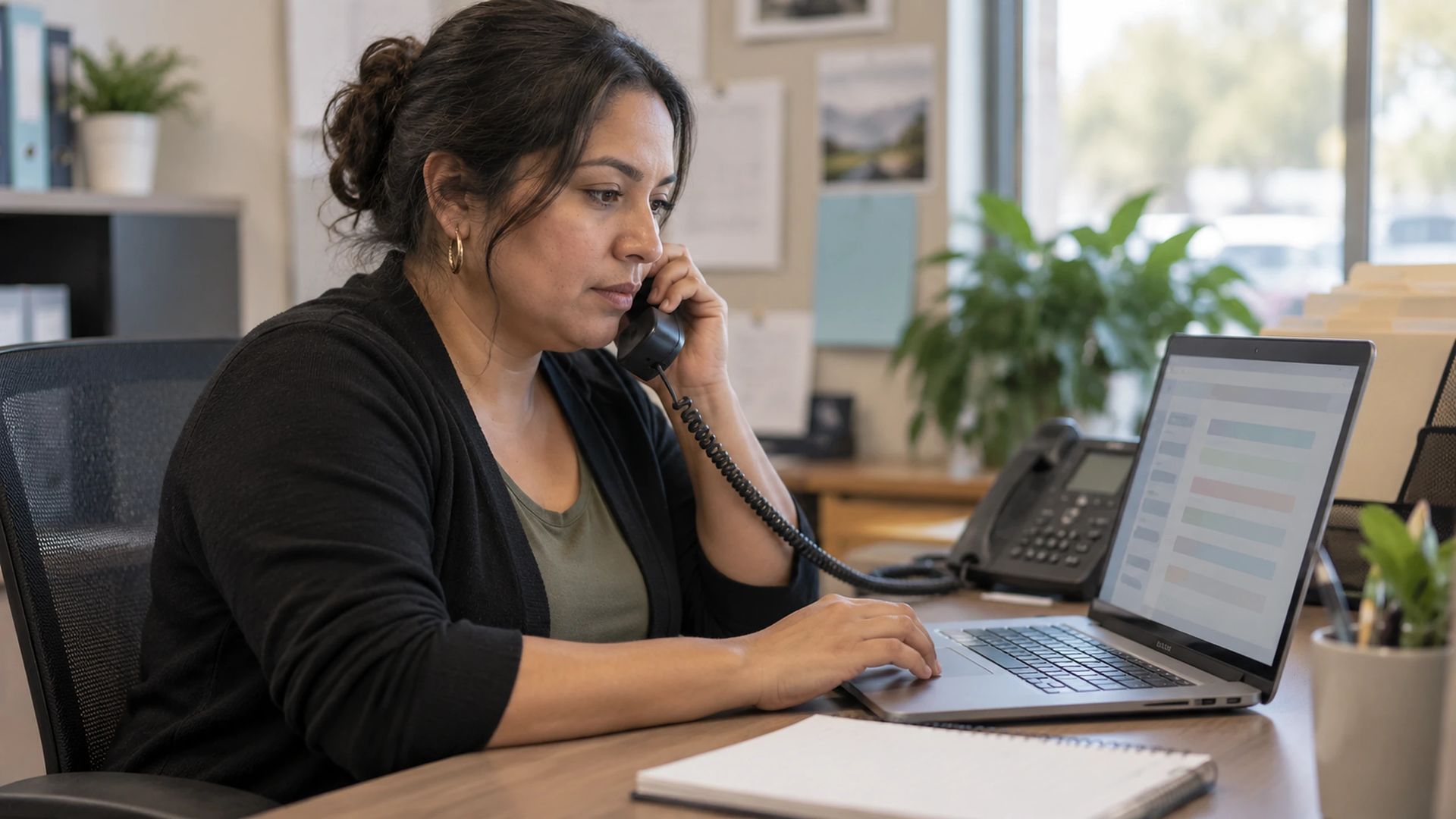 Office worker on a desk phone using a laptop, a notepad beside