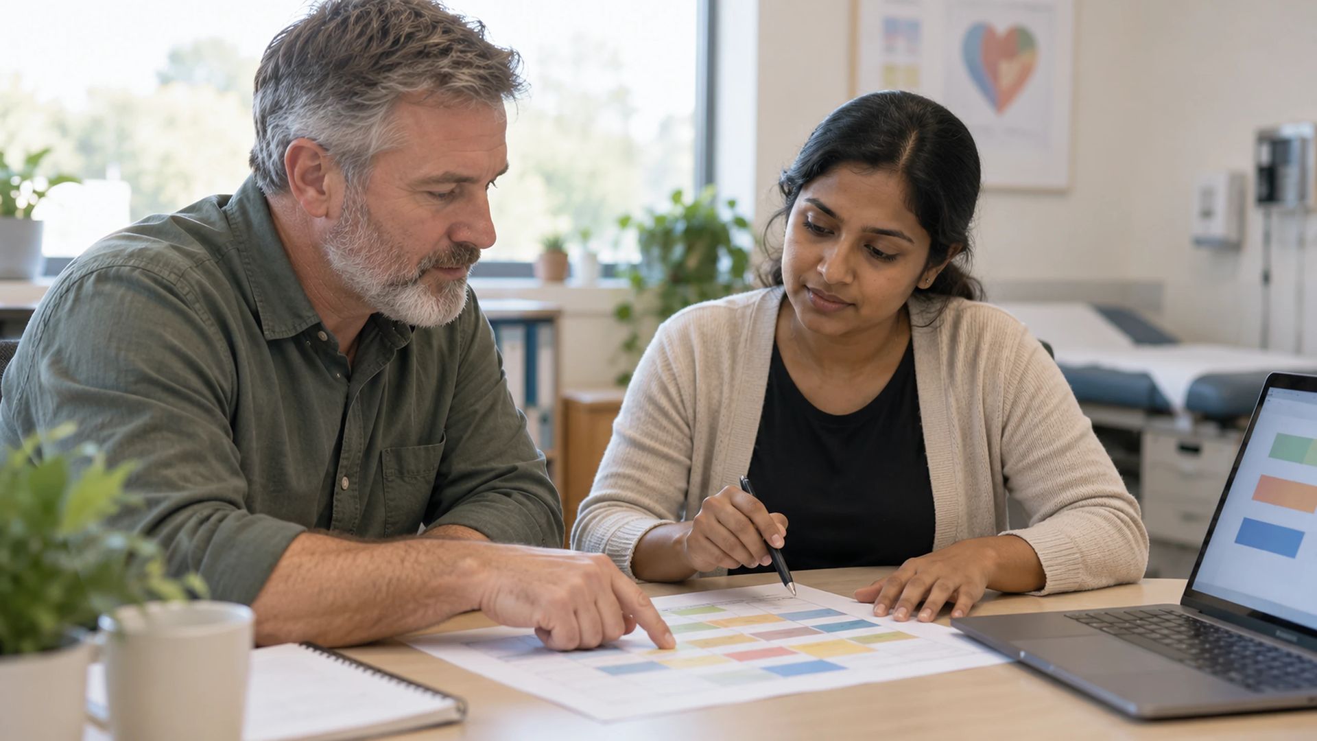 Two colleagues looking over a printed chart at a table in a clinic office