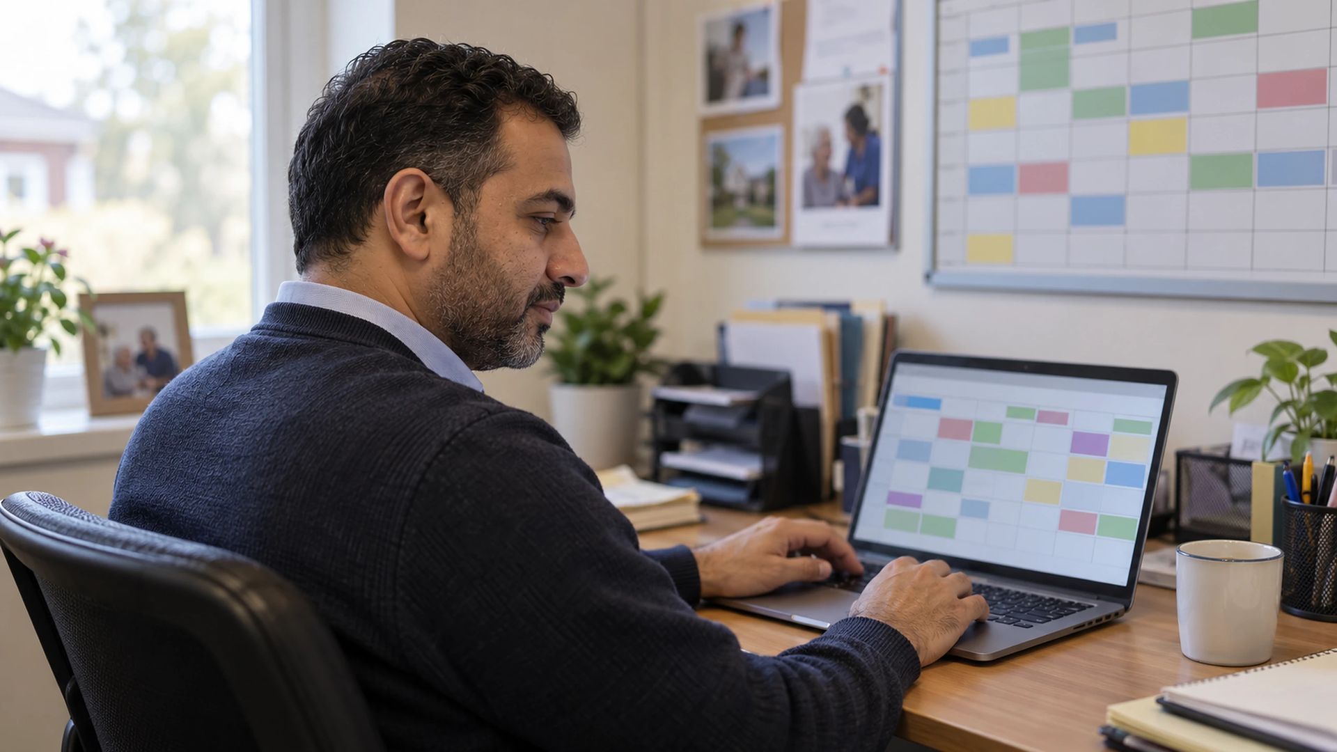 Office worker using a laptop in a small care home office