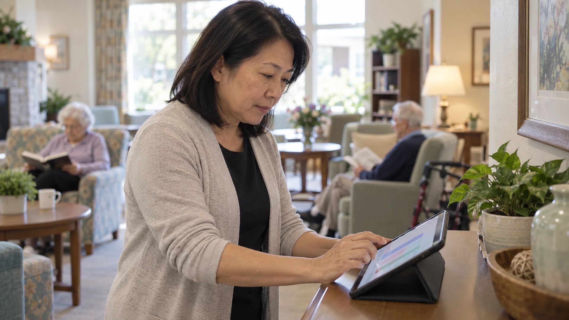 Staff member using a tablet on a stand in a residential care lounge, residents reading behind