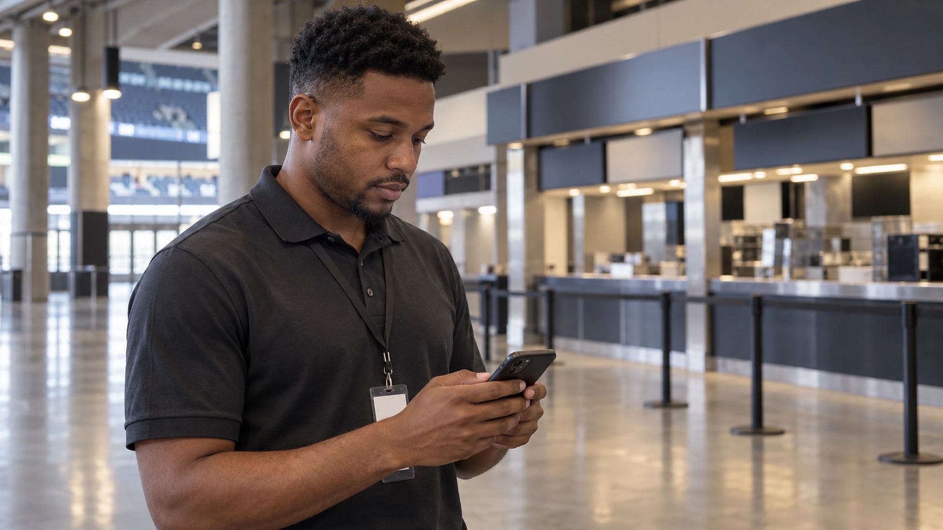 Worker in a staff polo checking a phone on an empty arena concourse