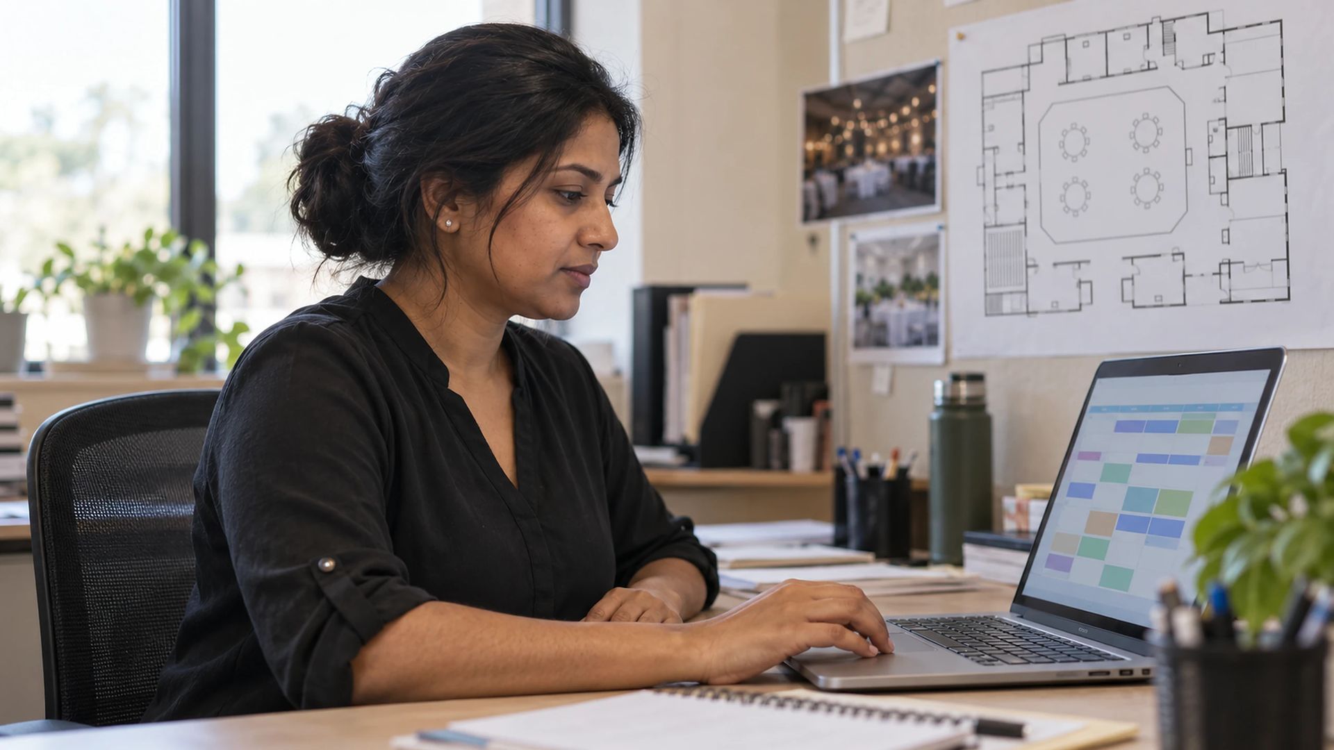 Office worker using a laptop in a small venue office, a floor plan pinned behind