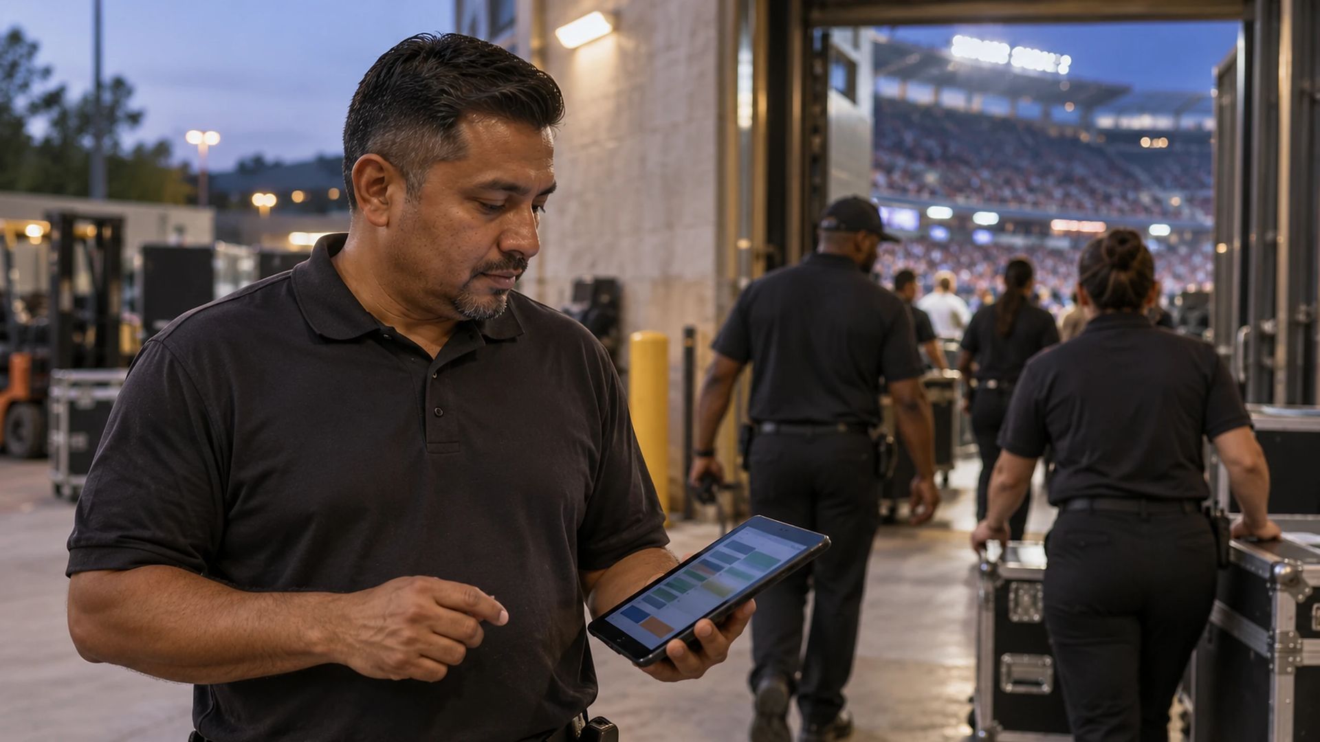 Staff member holding a tablet at an arena staff entrance as event staff walk past