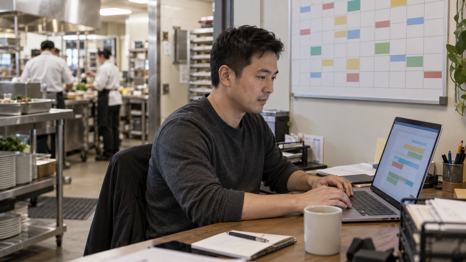 Office worker using a laptop at a desk beside a catering kitchen