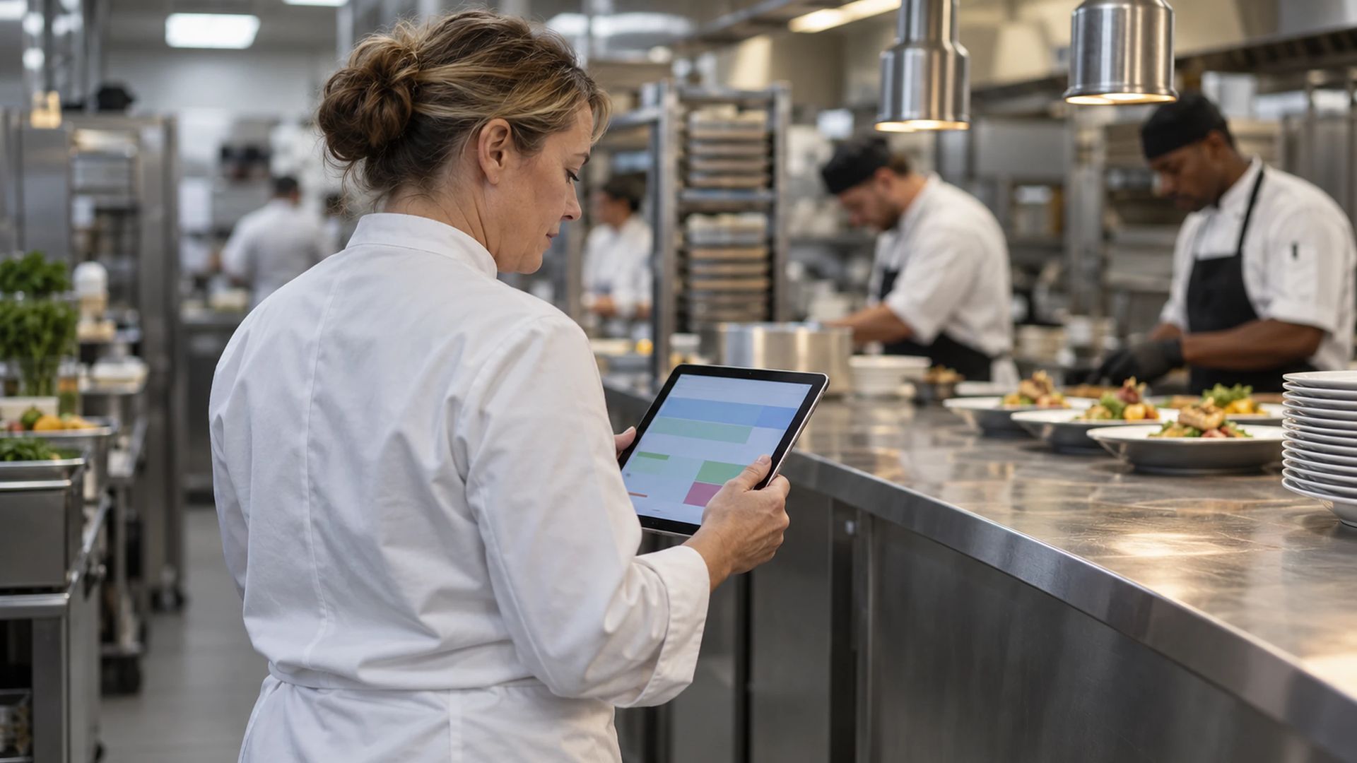 Chef in whites holding a tablet at the pass in a commercial kitchen