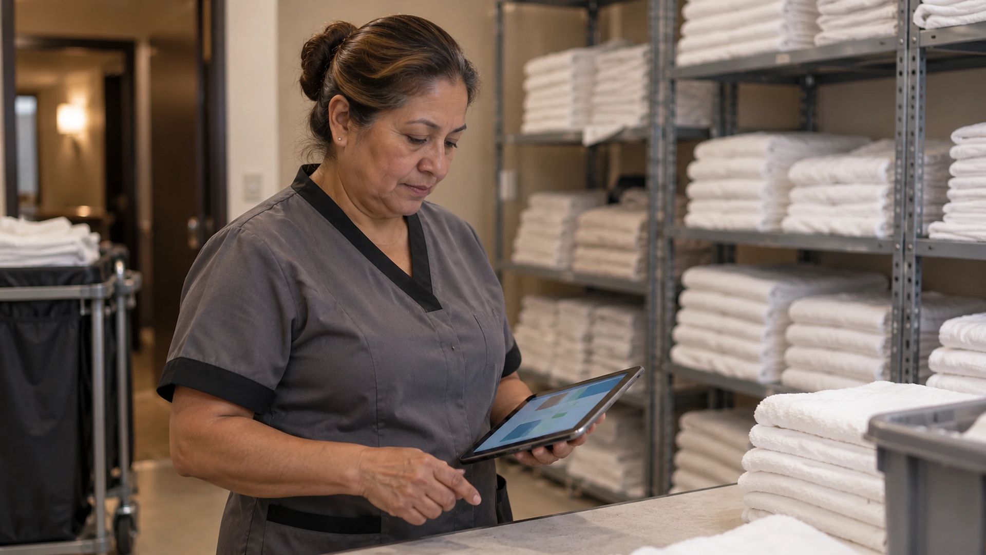 Staff member in a hotel uniform using a tablet at a linen room counter