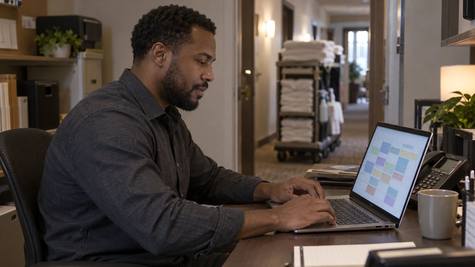 Person planning shifts on a laptop in a hotel back office, a housekeeping cart with towels in the corridor behind