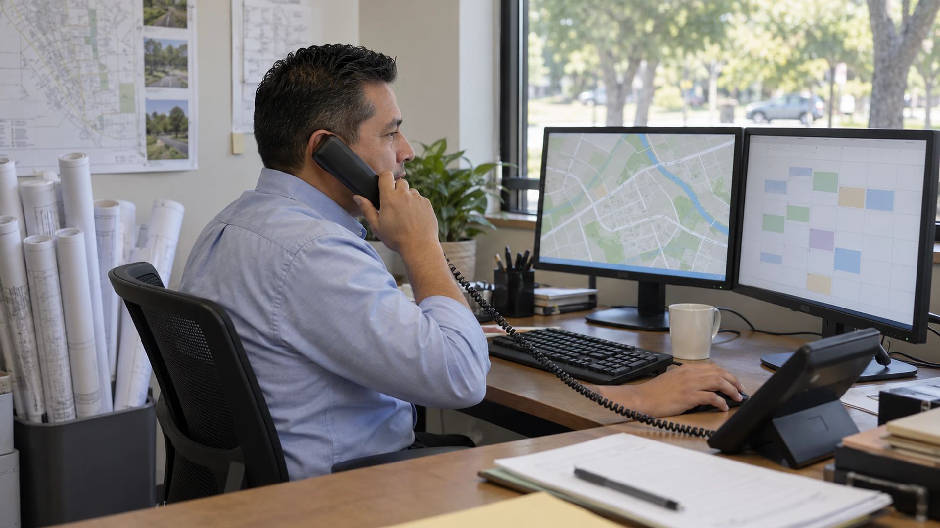 Person on a desk phone with a map and a calendar on two monitors, rolled plans beside the desk