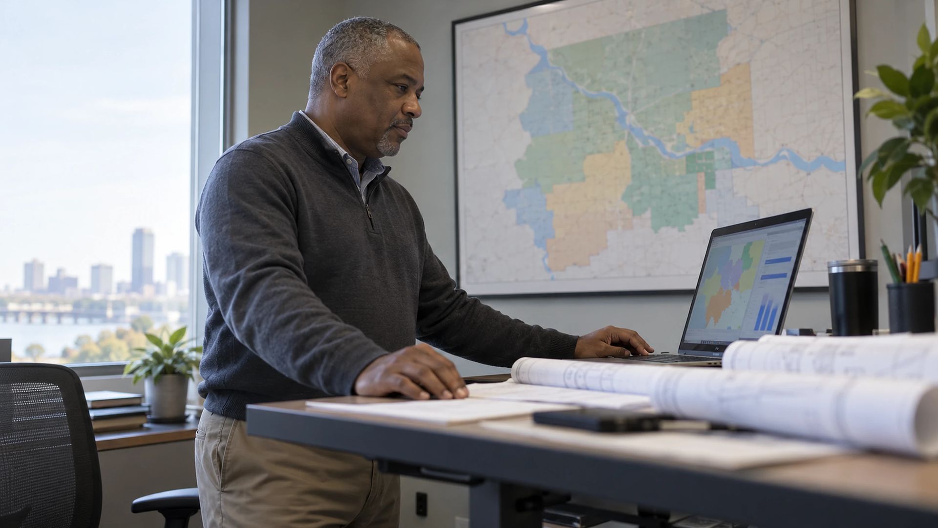 Office worker using a laptop at a desk, rolled plans and a wall map behind