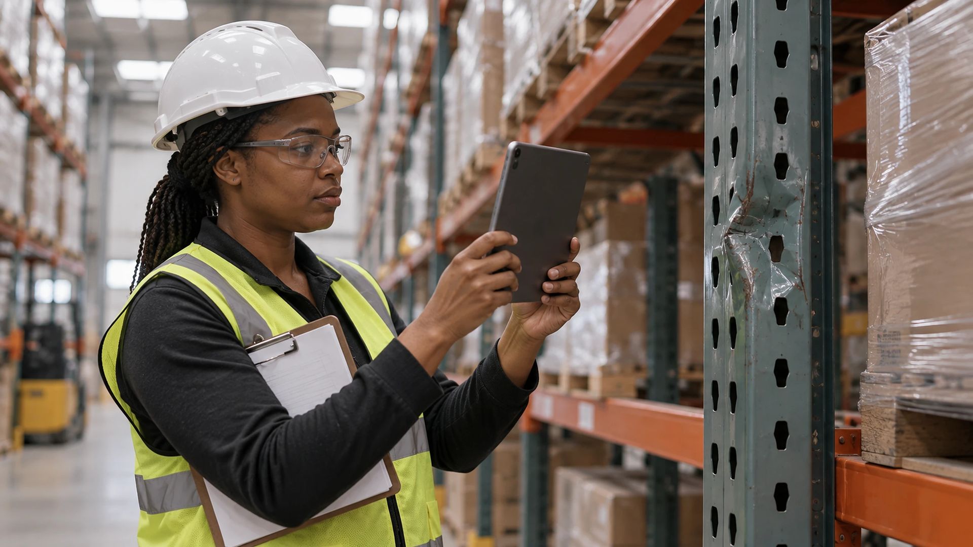 Person in a hard hat and hi-vis vest photographing warehouse racking with a tablet