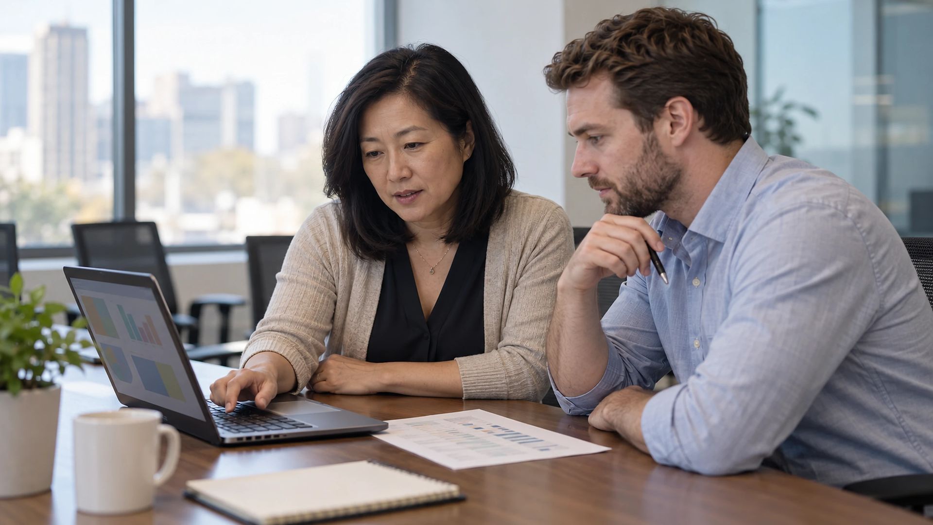 Two colleagues at a conference table with a laptop and printed pages