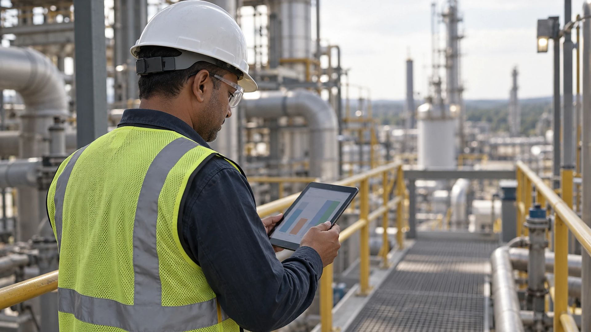 Worker in a hard hat and safety glasses holding a tablet on a plant walkway