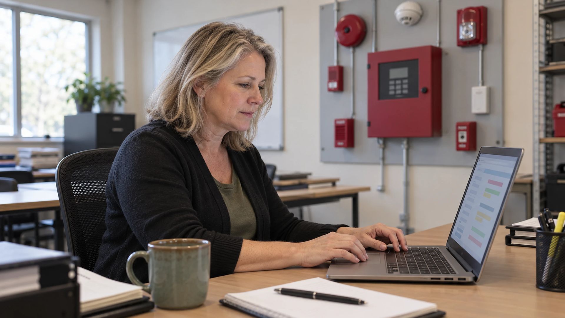 Office worker using a laptop at a desk