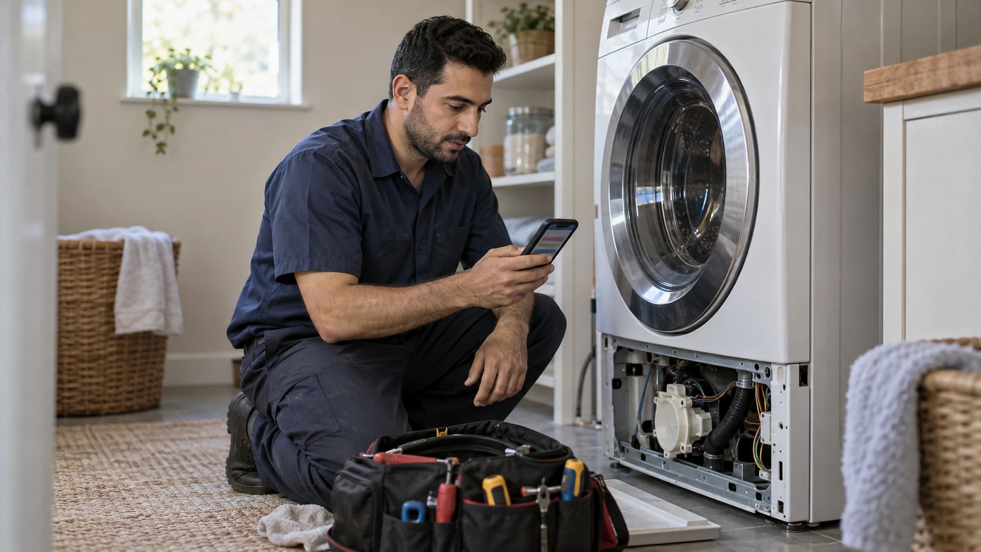 Technician kneeling beside a washing machine checking job details on a phone