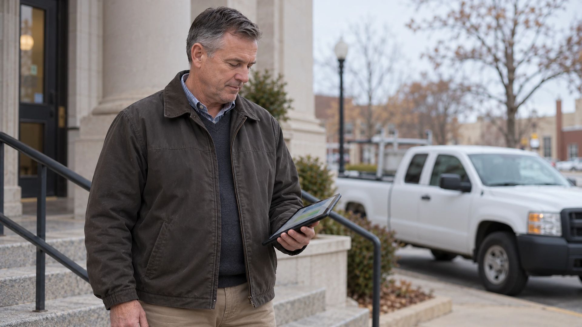 Person in a jacket holding a tablet on the steps of a civic building, a work truck at the curb
