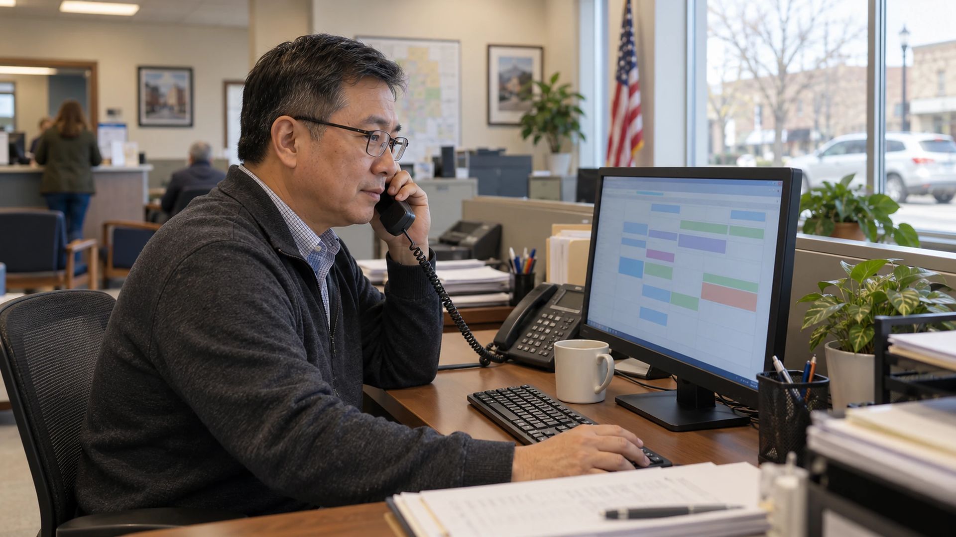 Office worker with a desk phone at a computer