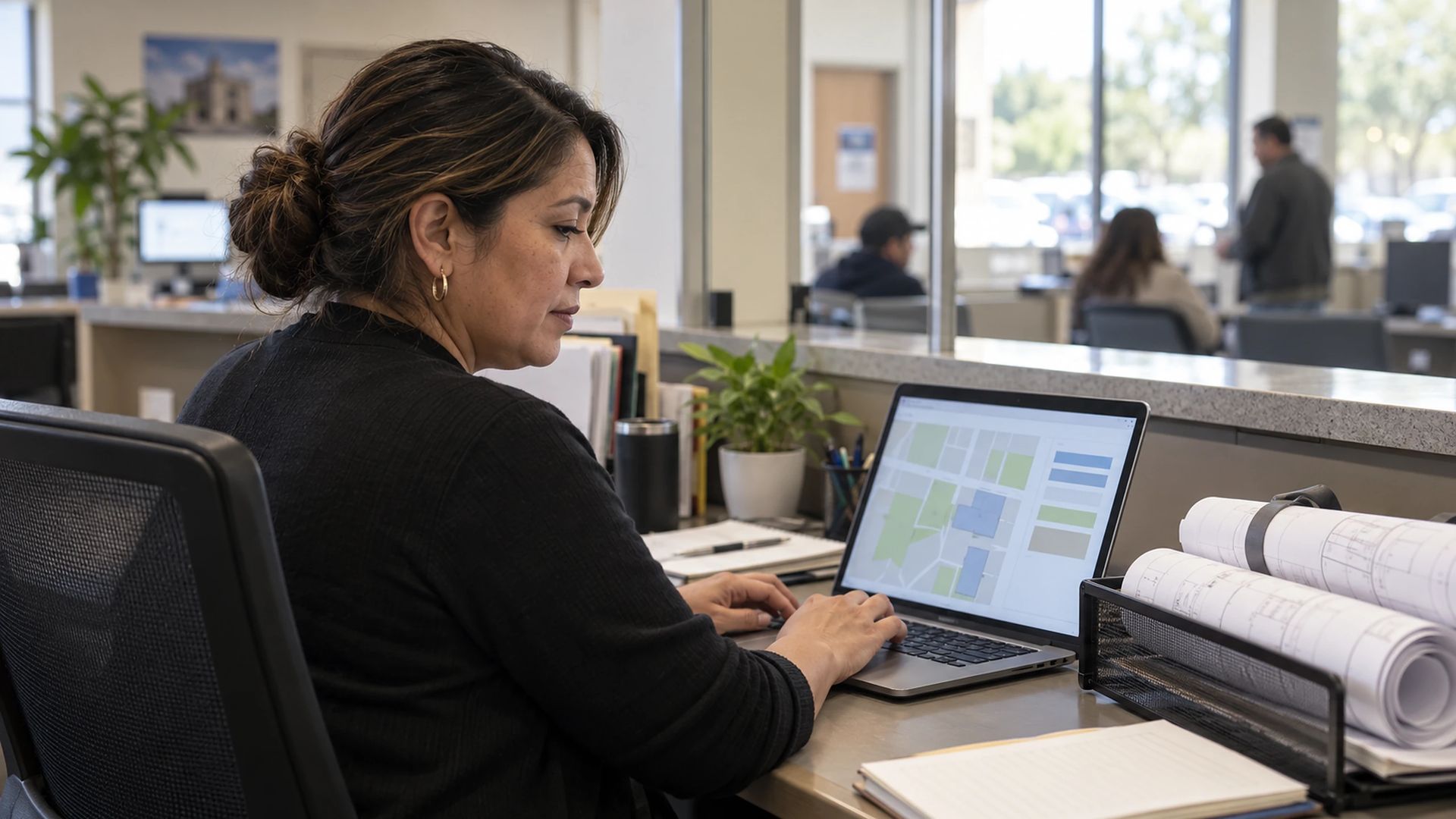 Office worker using a laptop at a desk behind a public service counter