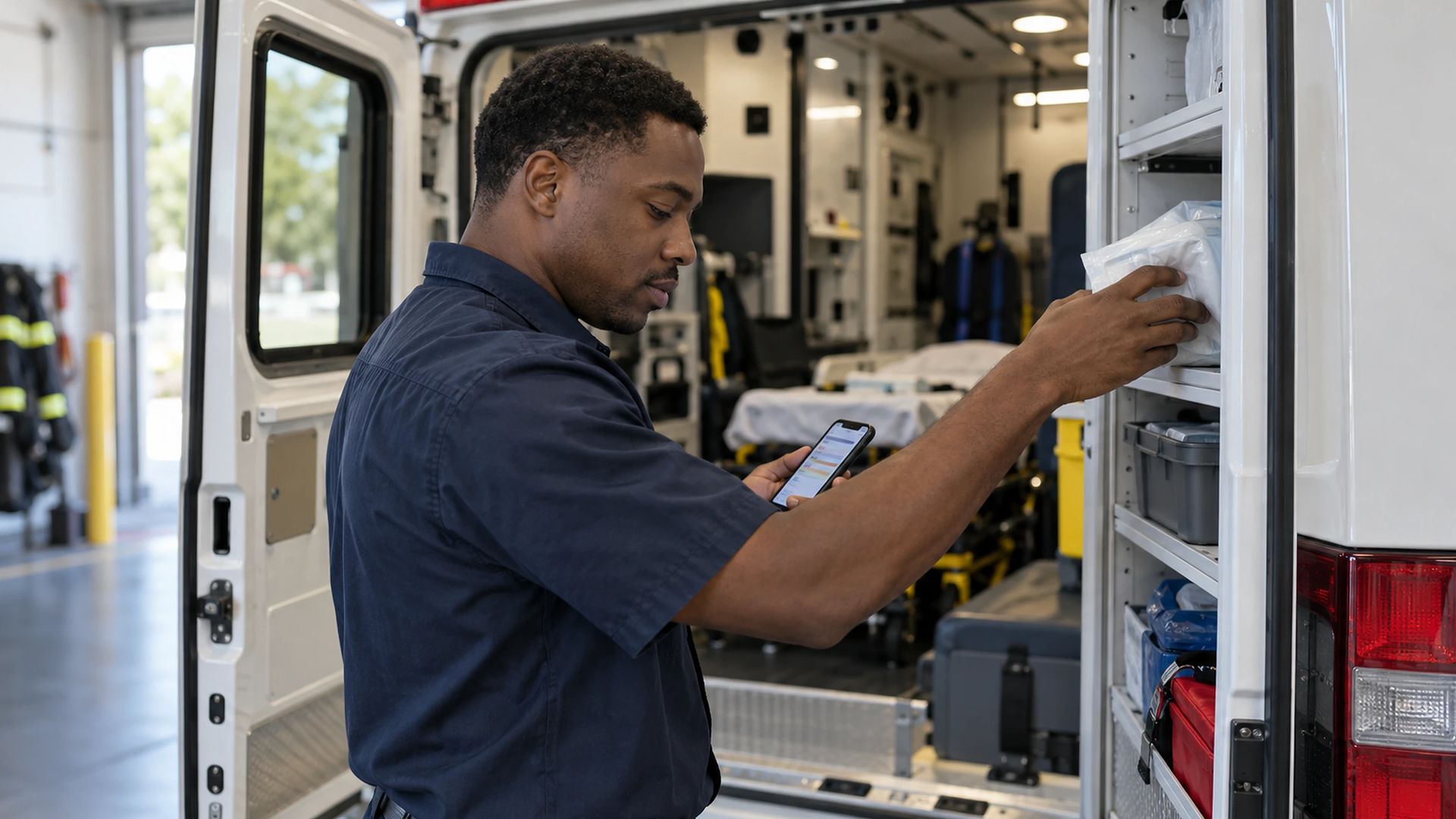 Person in a navy work uniform checking a phone while restocking supplies at the back of an ambulance