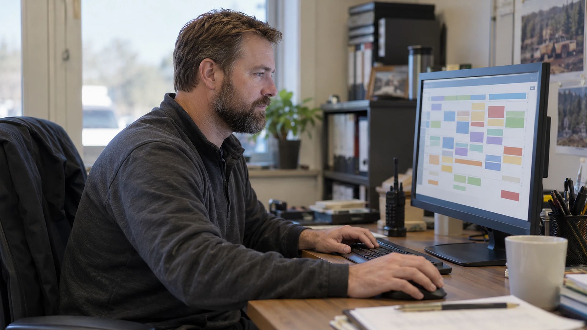 Office worker at a desk in a station office