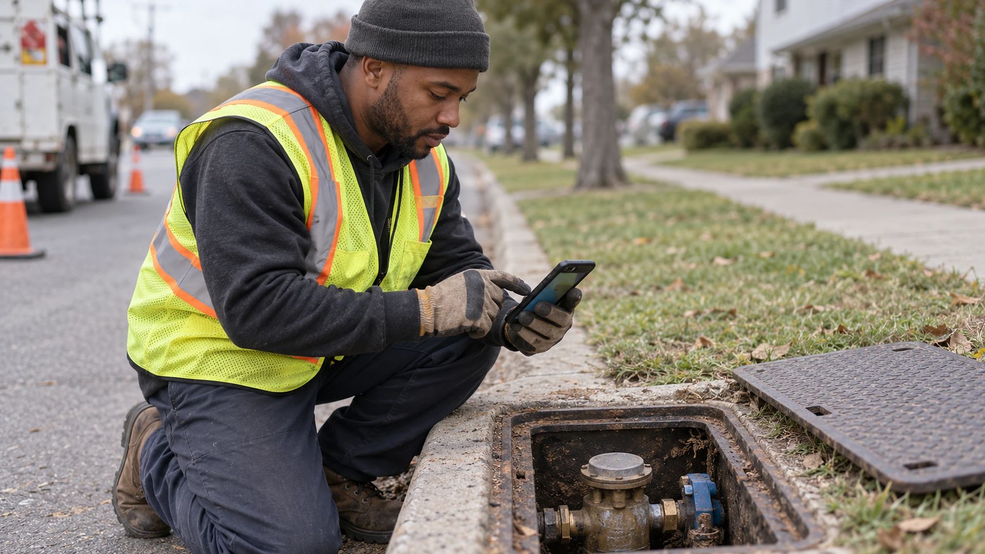 Worker in hi-vis kneeling at an open roadside valve box with a phone