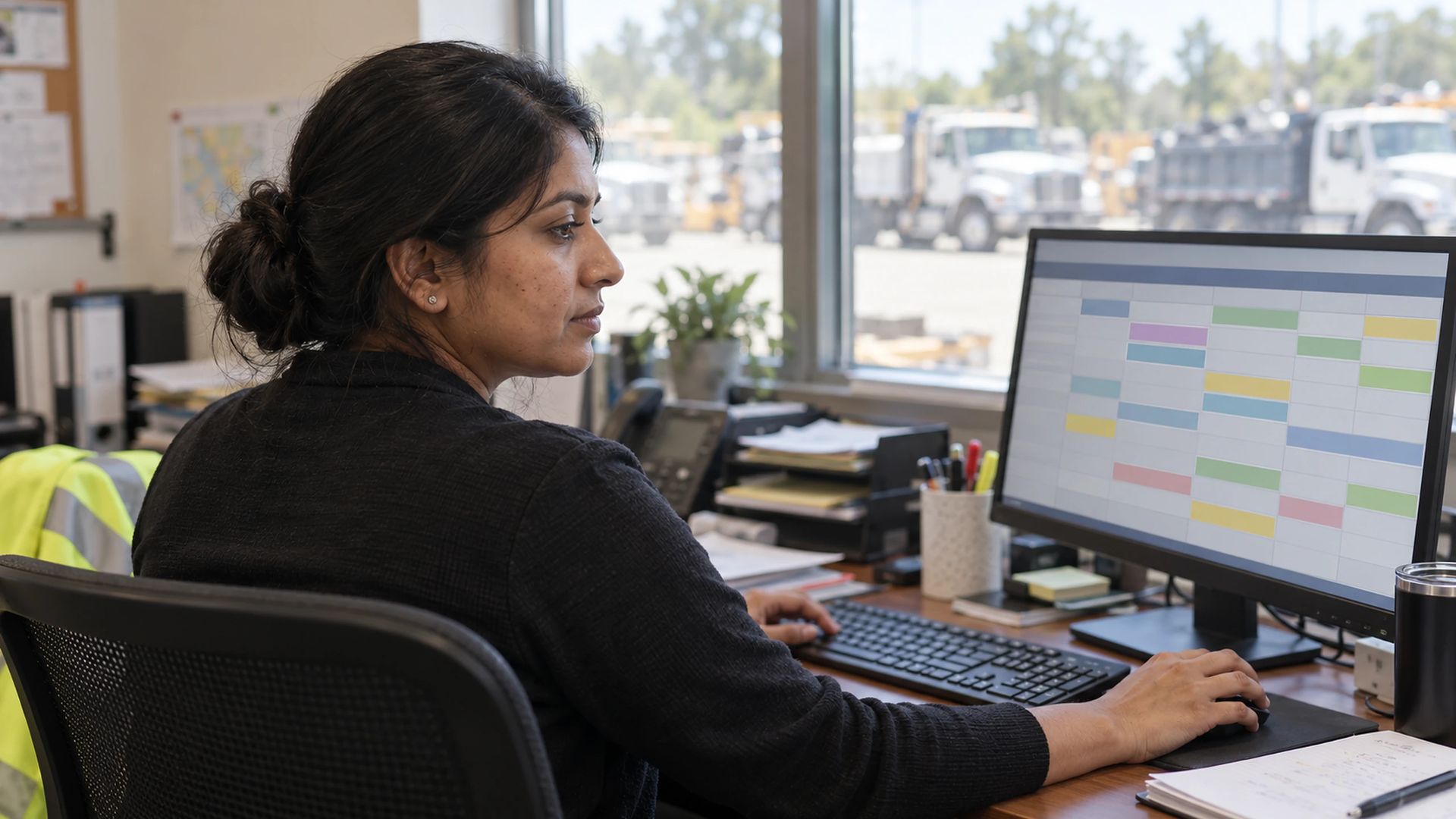 Office worker at a desk in a depot office, trucks parked outside the window