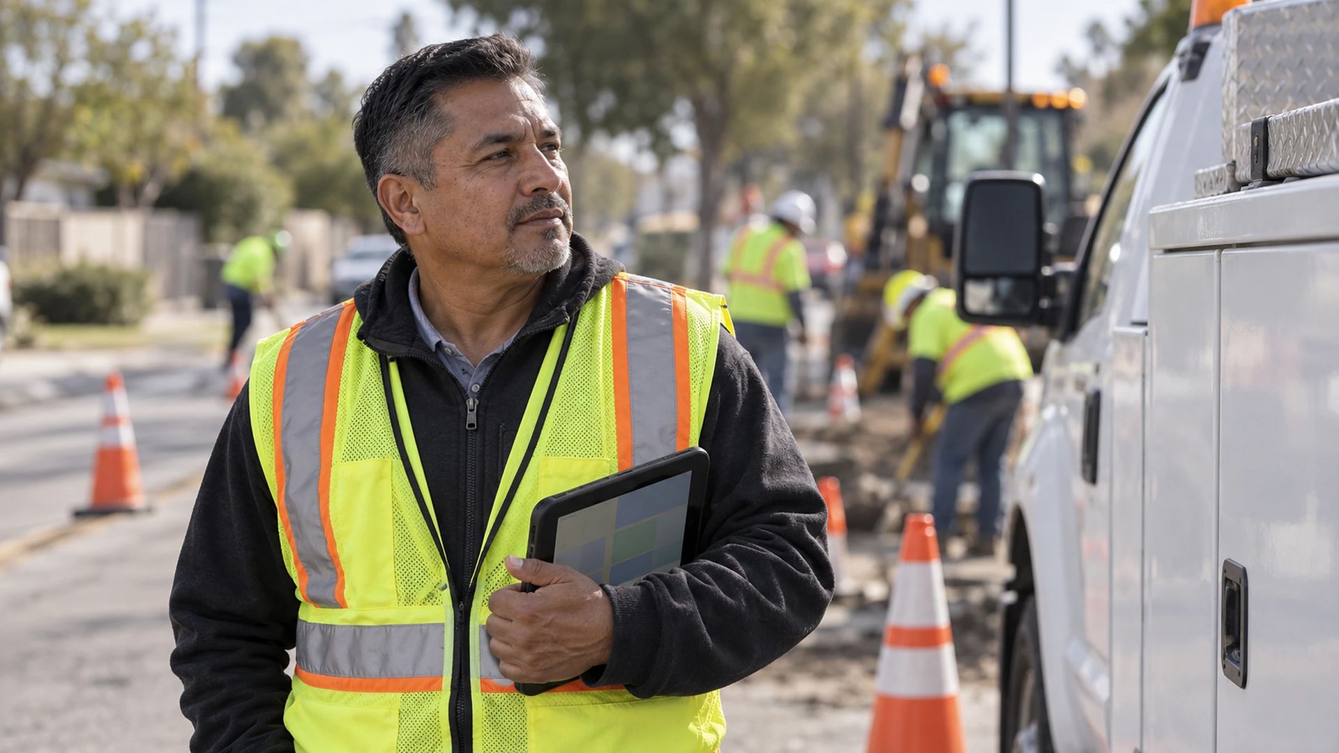 Worker in hi-vis holding a tablet beside a utility truck at a roadside job
