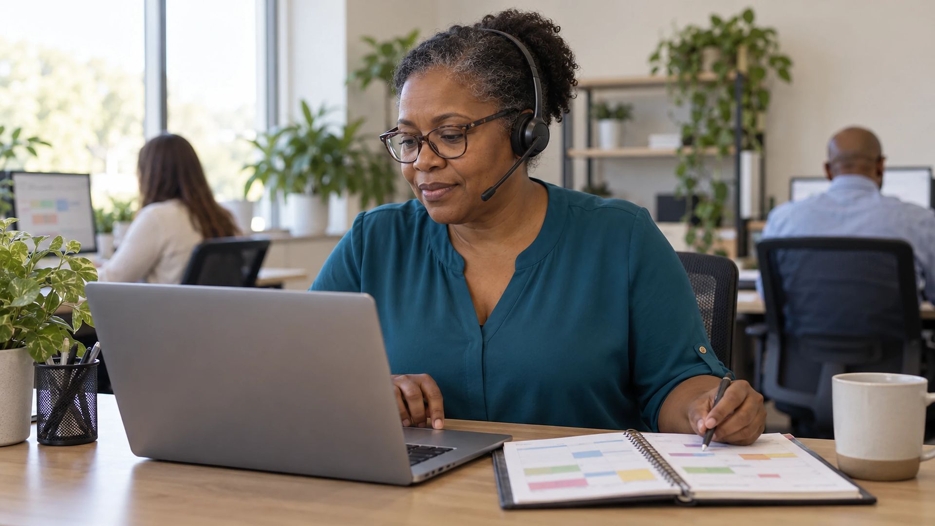 Person wearing a headset reviewing a visit schedule on a laptop in an office